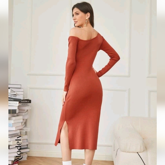 ☑️ SOLD ☑️ SHEIN Modely Asymmetrical Neck Slit Hem Sweater Dress in burnt orange - Picture 2 of 6